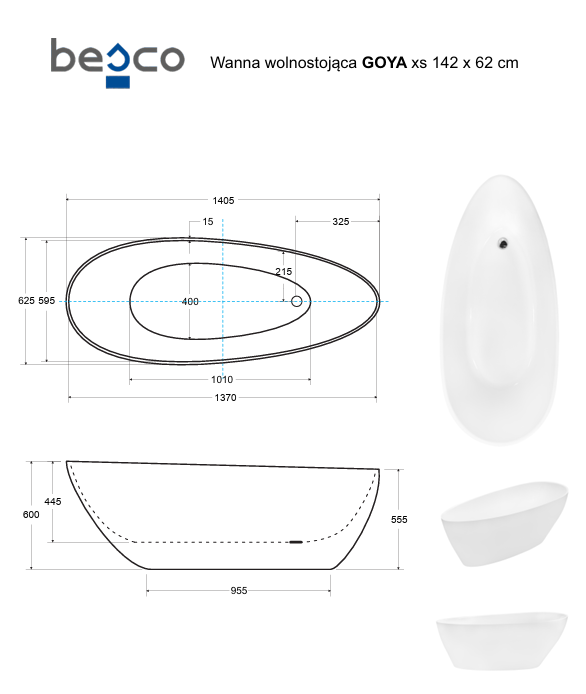 BESCO Wanna wolnostojąca Goya 160 + klik-klak biały czyszczony od góry #WMD-160-GKW