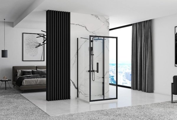 REA - Kabina Prysznicowa Przyścienna RAPID FOLD Black - Czarna /drzwi 100 + ścianka 90 x2 + ramię x2