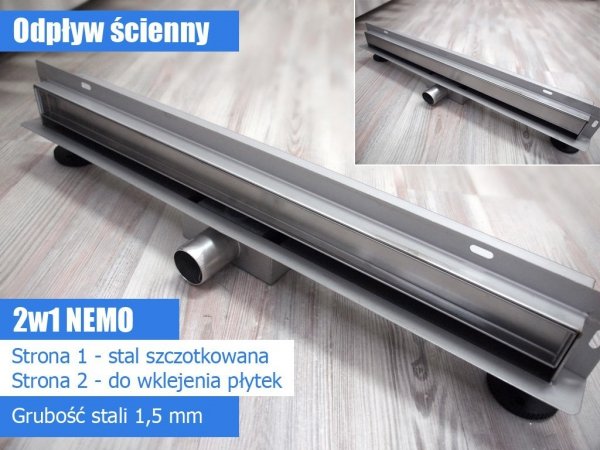 AQUALine - Odpływ liniowy ŚCIENNY NEMO 2w1 niski z metalowym syfonem S04 50-100 cm