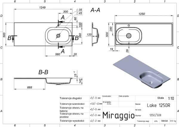 MIRAGGIO Umywalka LAKE 1250 R 8815193