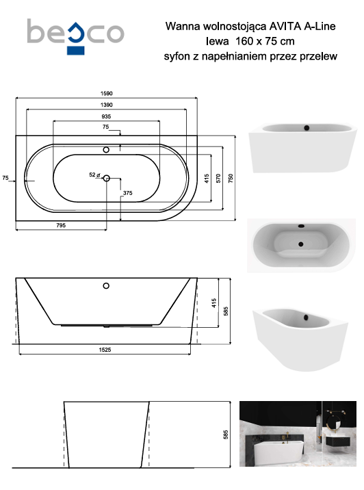 BESCO Wanna wolnostojąca przyścienna Avita A-line 160 L + syfon z napełnieniem chrom #WAA-160ALN