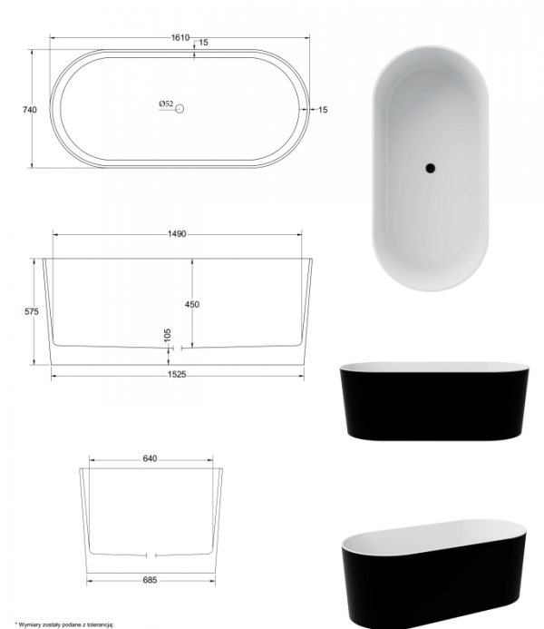 BESCO Wanna wolnostojąca Lova B&amp;W 160x74 + klik-klak chrom czyszczony od góry #WWM-160LBKC
