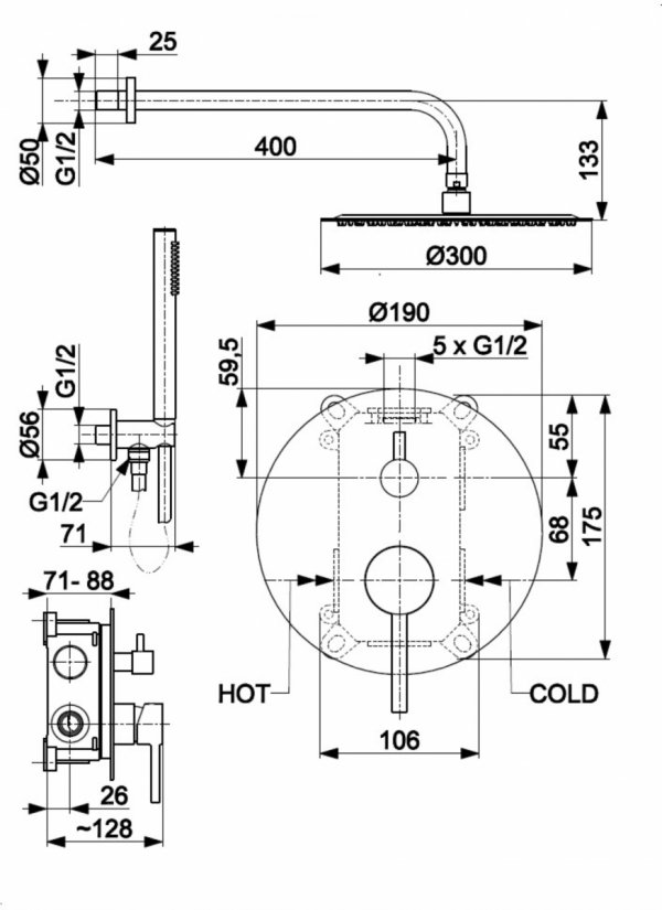 ARMATURA KRAKÓW KFA podtynkowy zestaw prysznicowy z baterią 3 funkcyjną MOZA WHITE 5039-501-44