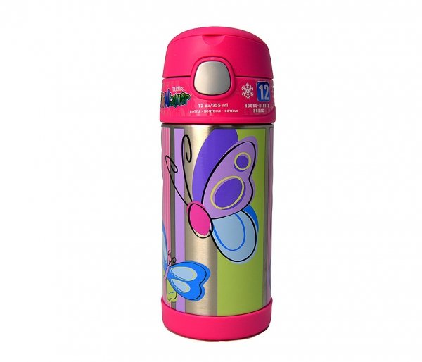 Kubek dla dzieci ze słomką Thermos FUNtainer 355 ml stalowy/różowy motyw motyl