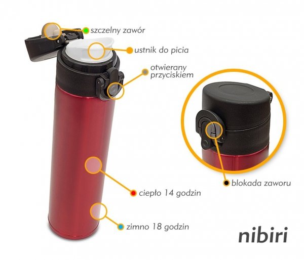 Kubek termiczny NIBIRI 350 ml szczelny z blokadą czerwony