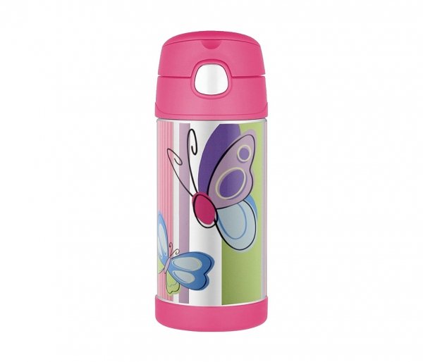 Kubek dla dzieci ze słomką Thermos FUNtainer 355 ml stalowy/różowy motyw motyl