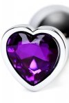 Silver anal plug with purple gem heart-shaped