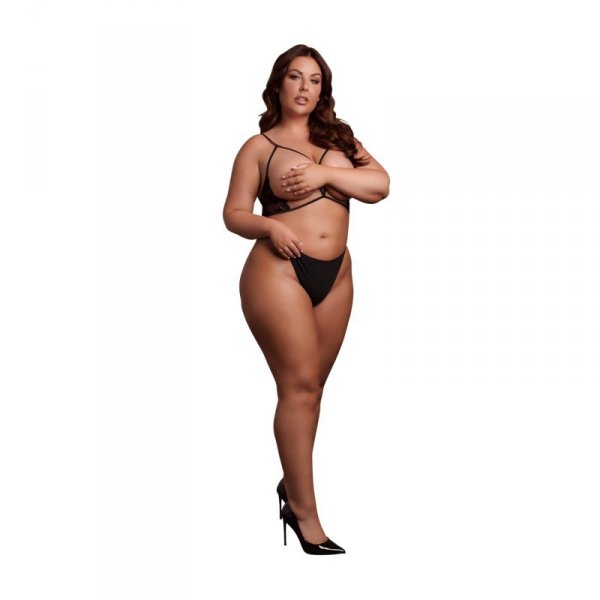 Open Cup Triangle Bra with Lace and Adjustable Sliders - Plus Size - Black