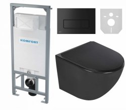 Stelaż WC + Przycisk M578+ Miska WC wisząca bez kołnierza DELOS BLACK + deska duroplast wolnoopadająca SLIM