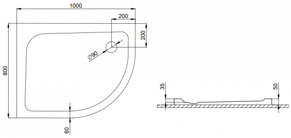 Brodzik posadzkowy asymetr. ORIS 100x80 lewy+syfon