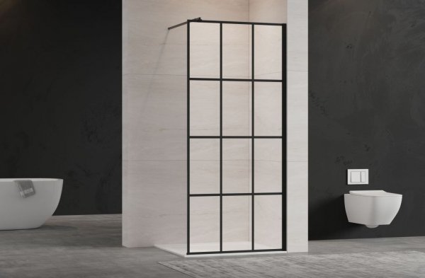 Invena ścianka walk-in 90x200 czarna kratka loft szkło 8 mm hartowane 