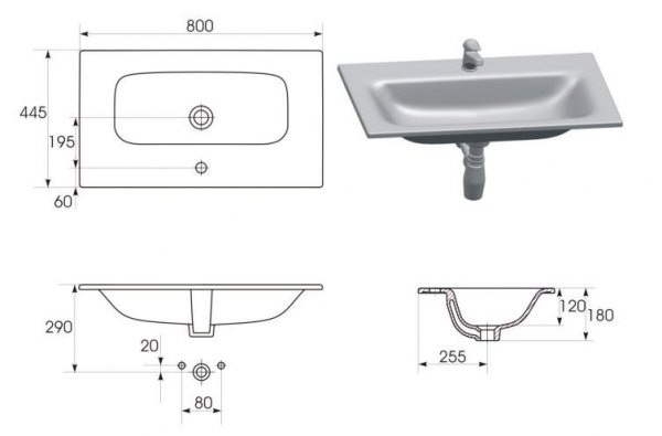 Umywalka ceramiczna wpuszczana w blat Moduo 80 cm