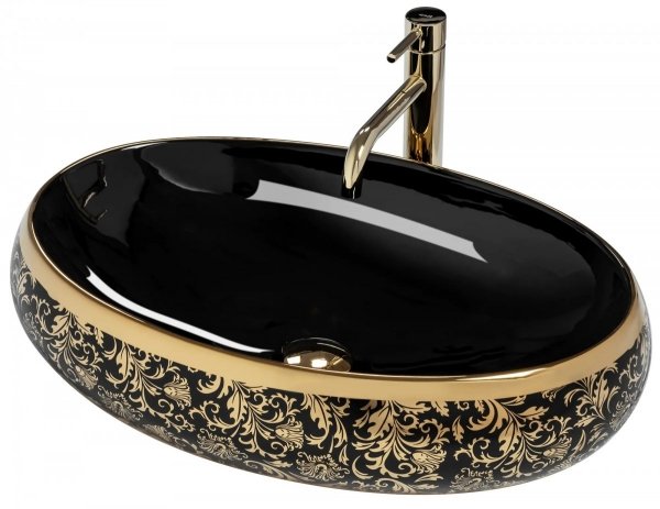 Umywalka ceramiczna nablatowa REA MERYL BLACK / GOLD czarna złoty wzór
