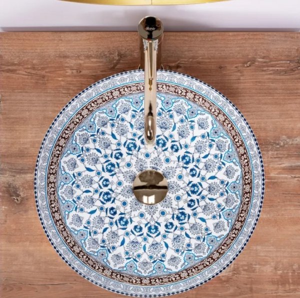 Umywalka ceramiczna nablatowa okrągła REA ARTE BLUE ze wzorem