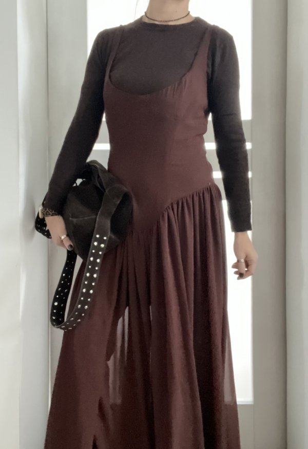 Brązowa maxi zwiewna sukienka Bardot Boho vintage