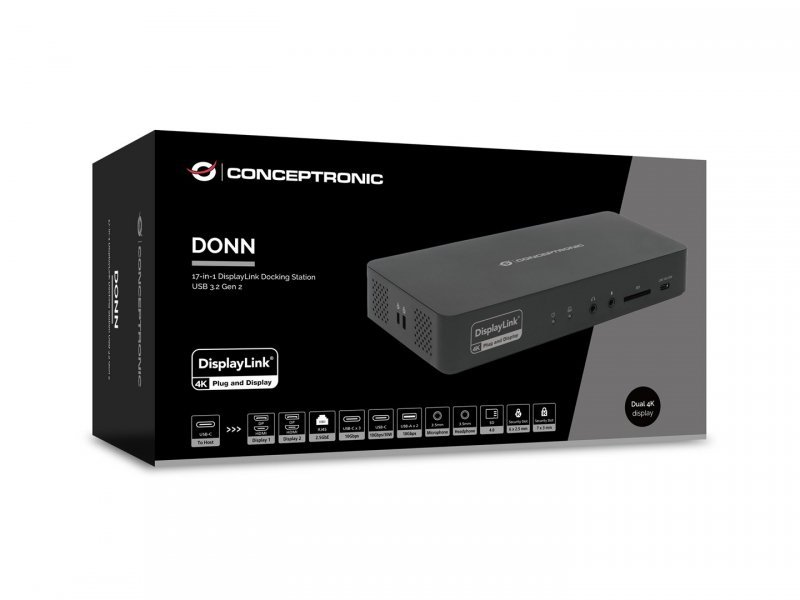 Stacja dokująca Conceptronic 17-1 USB-C->HDMI DP 4K/60Hz GbE USB-C bk