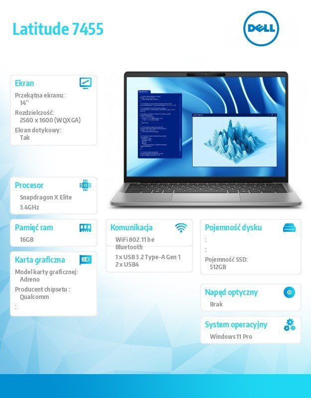 Dell Notebook Latitude 7455 Win11Pro Snapdragon X Elite 12C 16GB/512GBSSD Gen4/14.0 QHD+ Touch/UMA GPU/FgrPr/FHD/IR Cam/Mic/WLAN