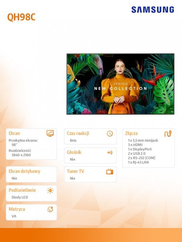 Samsung Monitor profesjonalny QH98C 98 cali Matowy 24h/7 700(cd/m2) 3840x2160 (UHD) S10 Player (Tizen 7) WiFi/BT 3 lata On-Site 
