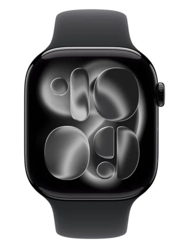 Apple Watch Series 11 GPS koperta 42 mm z aluminium w kolorze onyksu, pasek sportowy w kolorze czarnym - rozmiar S/M