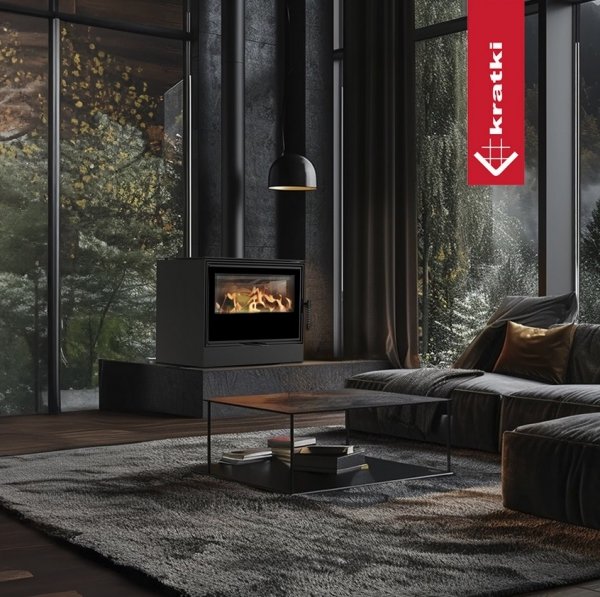 Piec stalowy KARI 70 fi 150 8 kW kominek w zabudowie z czarnym wnętrzem