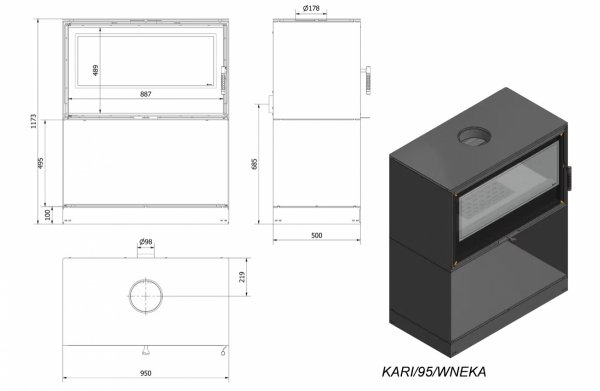 Piec stalowy KARI 95 fi 180 14 kW kominek w zabudowie wnęka na drewno