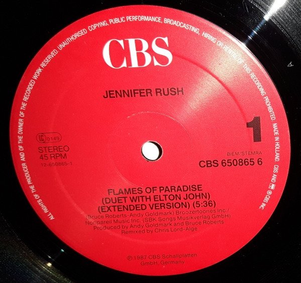 Jennifer Rush Duet With Elton John - Flames Of Paradise (12'')
