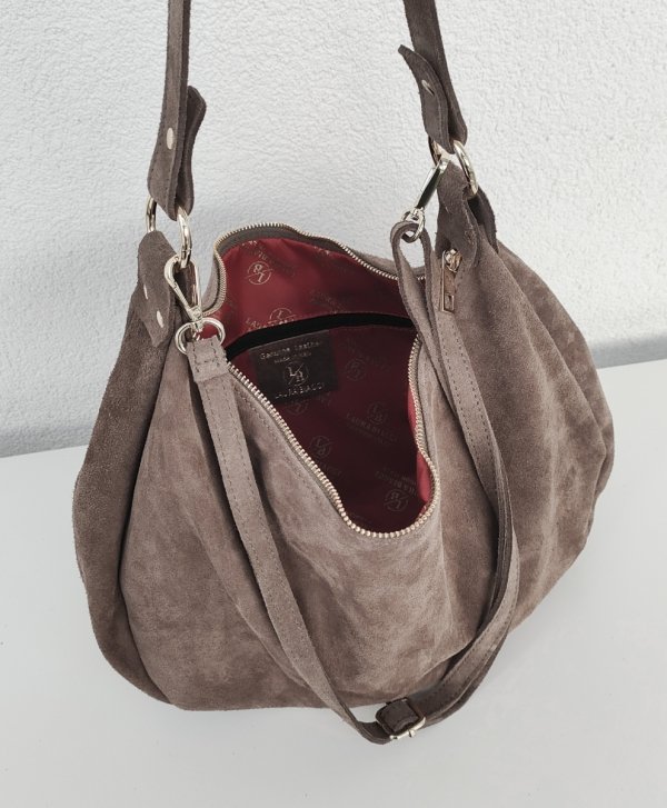 Torebka worek zamszowa Vera Pelle skóra brązowa mocha Laura Biaggi