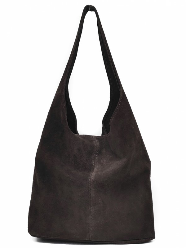 Zamszowy modny worek skóra naturalna vera pelle brązowa czekoladowa