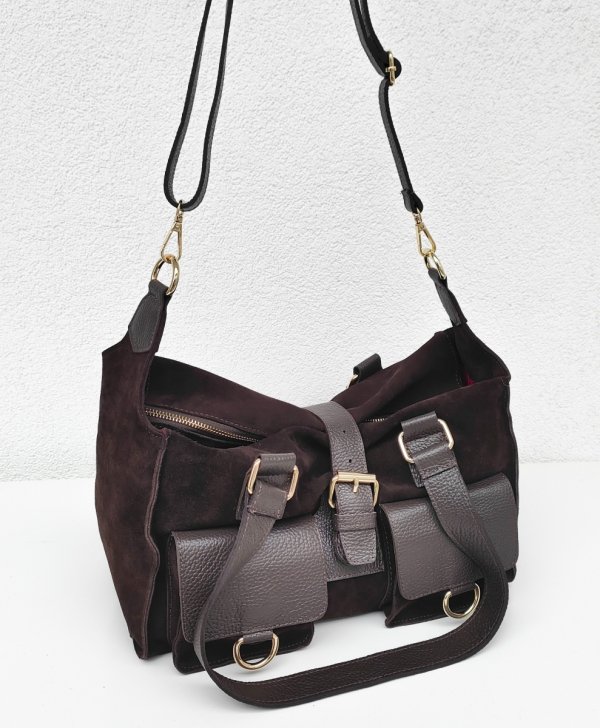 Torebka shopper zamszowa Vera Pelle skóra czekoladowa