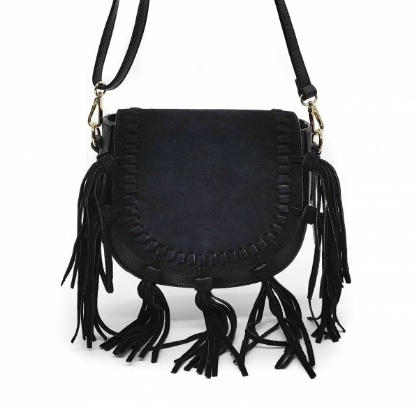 Zamszowa torebka listonoszka skóra brązowa czarna frędzle