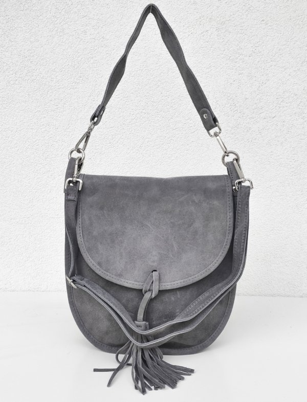 Zamszowa listonoszka torebka szara z frędzlem vera pelle
