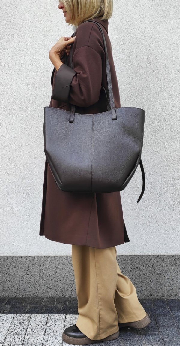 Torebka shopper Vera Pelle skóra brązowa czekoladowa