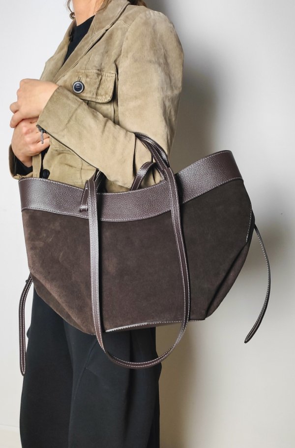 Vera Pelle Czekoladowa brązowa torebka Shopperka do ręki na ramie