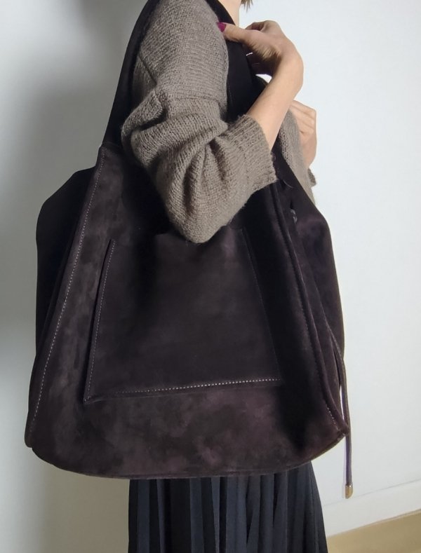 Zamszowa torebka shopper skóra naturalna brązowa czekoladowa