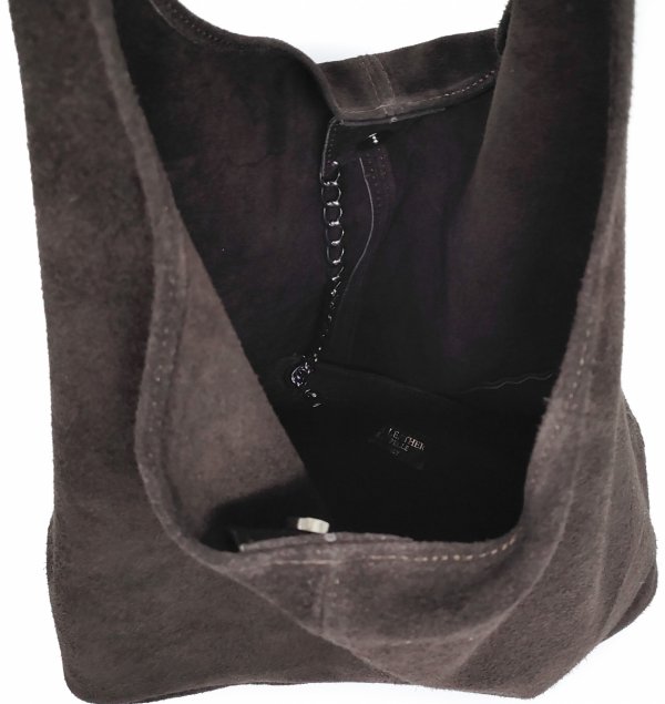 Zamszowy modny worek skóra naturalna vera pelle brązowa czekoladowa