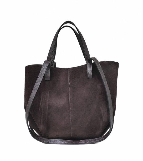 Zamszowa czekoladowa Shopperka Vera Pelle do ręki na ramie