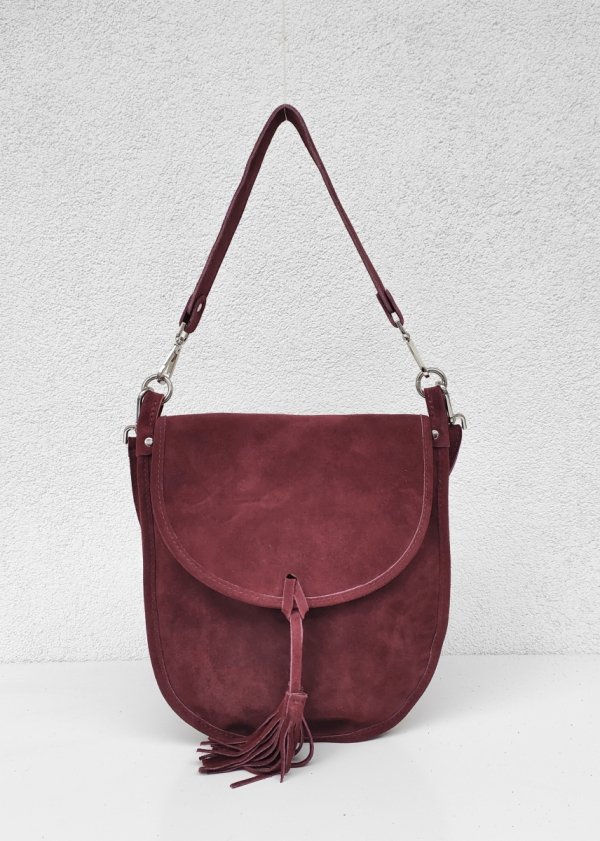 Zamszowa bordowa listonoszka torebka z frędzlem