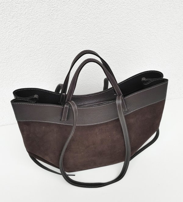 Vera Pelle Czekoladowa brązowa torebka Shopperka do ręki na ramie