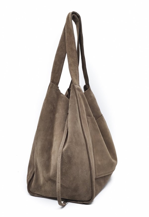 Zamszowa torebka shopper skóra naturalna ciepła beżowa taupe