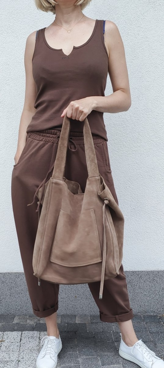 Zamszowa torebka shopper skóra naturalna ciepła beżowa taupe