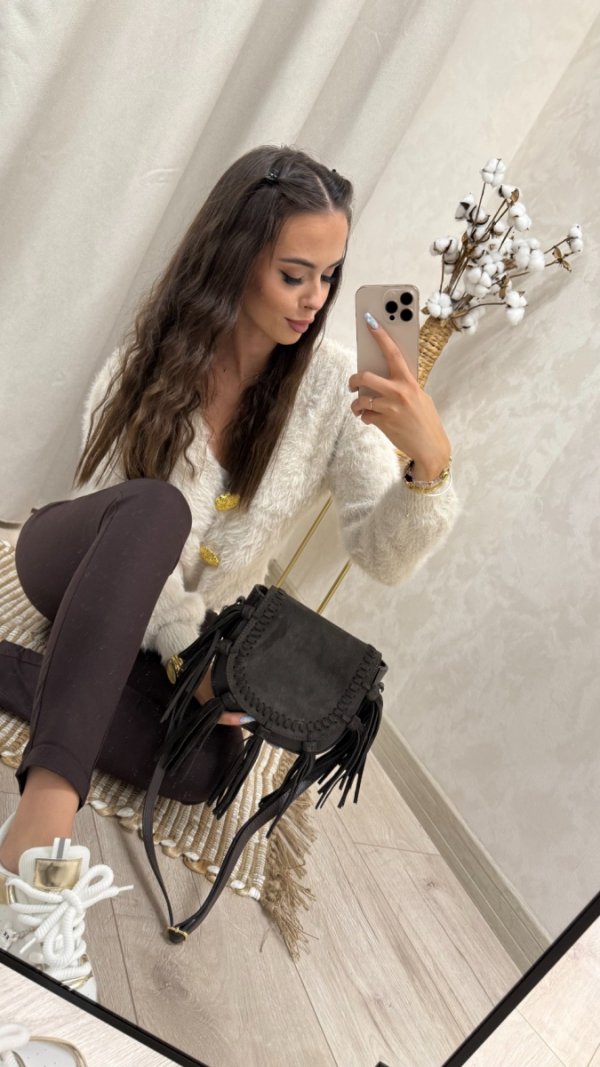 Zamszowa torebka listonoszka skóra brązowa czekoladowa frędzle