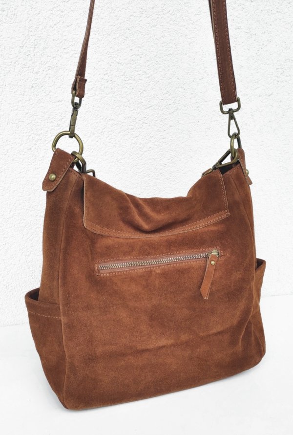 Zamszowa torebka worek listonoszka ruda cynamonowa