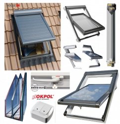 Dachfenster-Set: Okpol PVC Schwingfenster +  mit Elektro Außenrollladen 230V RZE mit Wandschalter, IGOV N22 Kunststofffenster Energiesparende Uw=0,86 3-Fach Verglsung