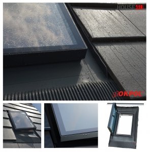 Ausstiegsfenster Skylight OKPOL WVR PVC V6 47x73 cm, Uw=1,4, PVC-Profil, Doppelverglasung 24mm, integrierter Eindeckrahmen EPDM, Öffnung, rechts oder links, 15-65°, RAL 7016, für div. Räume 