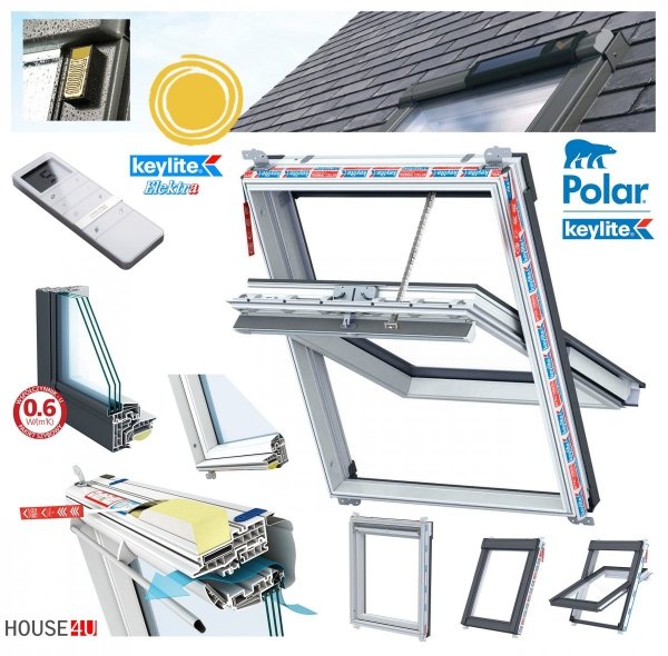 Elektro-Dachfenster Keylite PVC PCP KTG SPEK Solar Elektrofenster mit Handheld-Fernbedienung mit 15 Kanälen 3-fach-Verglasung Uw= 1,0 Schwingfenster aus Kunststoff Weiß PVC mit Wärmedämmblock