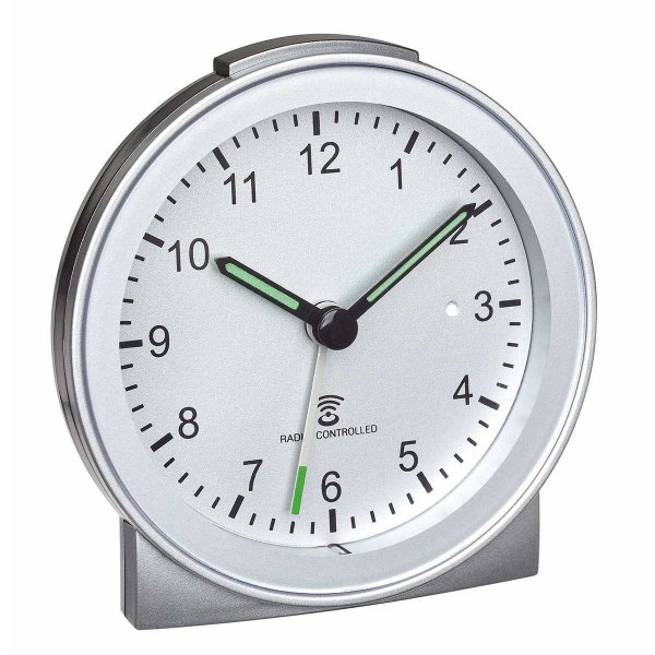 TFA 60.1517.54 budzik biurkowy zegarek wskazówkowy sterowany radiowo płynąca wskazówka., srebrny