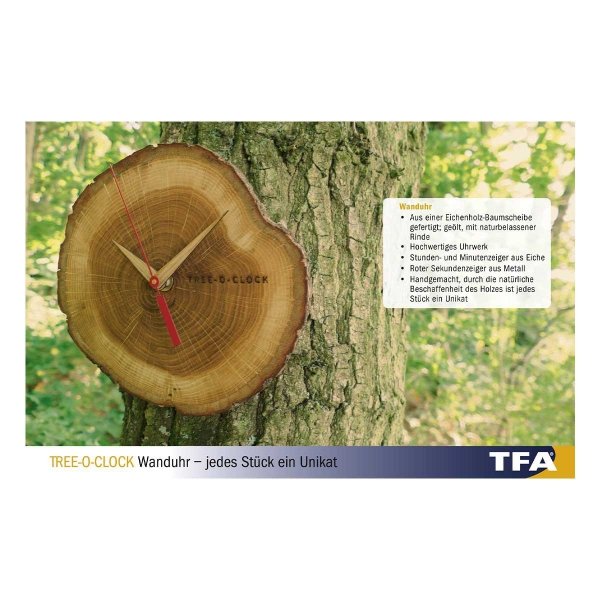TFA 60.3046 TREE-O-CLOCK zegar ścienny  wskazówkowy wykonany ręcznie z drewna dębowego średnica 18 cm