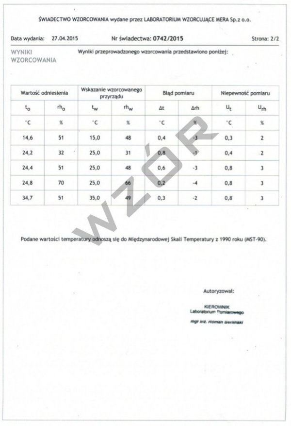 Świadectwo wzorcowania termometru dwukanałowego SW-2 rejestratora temperatury bez akredytacji PCA