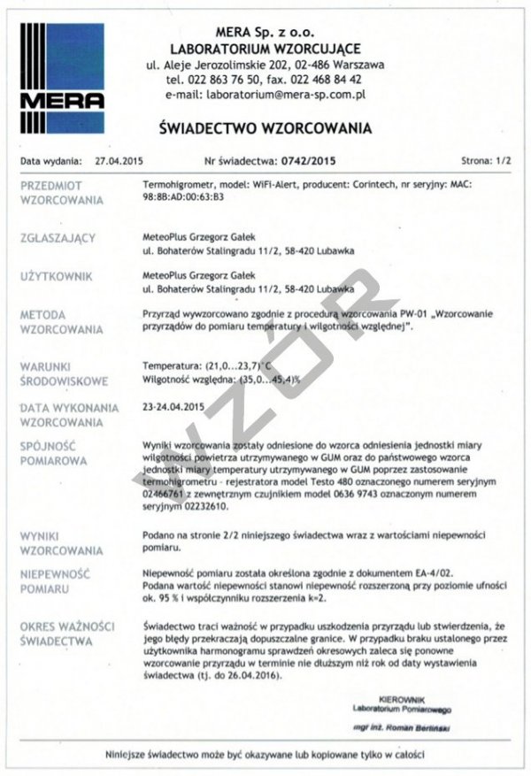 Świadectwo wzorcowania termohigrometru dwukanałowego SW-4 rejestratora temperatury i wilgotności bez akredytacji PCA