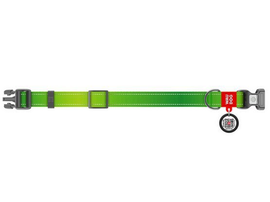 Collar WauDog Nylon Mono Obroża nylonowa odblaskowa z QR-paszportem, plastikowy fastex, M 20mm/28-40cm jasnozielona